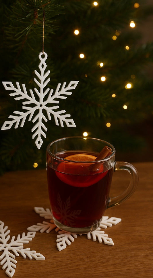 Weiße 3D-gedruckte Schneeflocke als Weihnachtsanhänger & Untersetzer