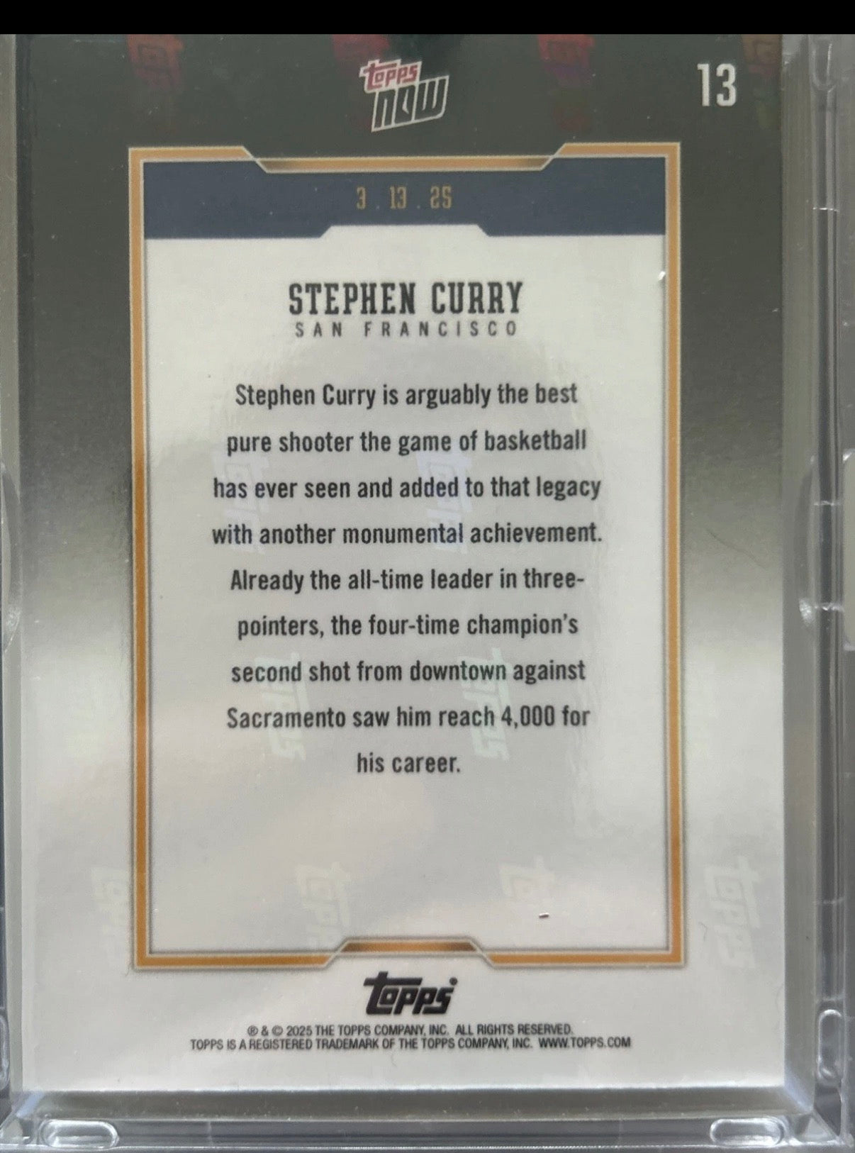 Stephen Curry 4000 Career 3-Pointers - Topps Now 2025 #3 - Limitiert